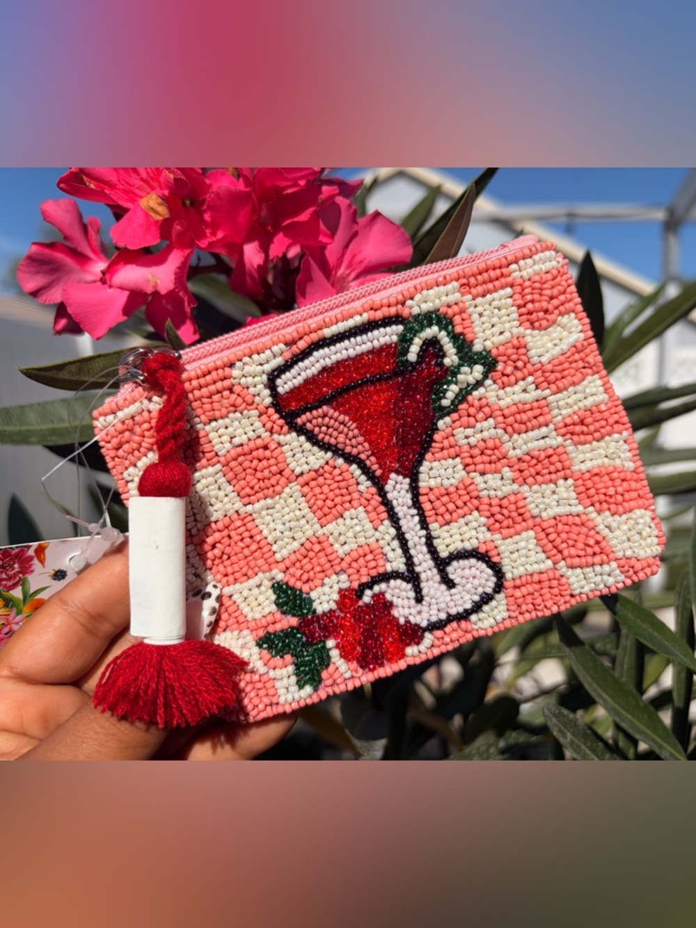 Beaded Pink Cocktail Clutch with Red Tassel